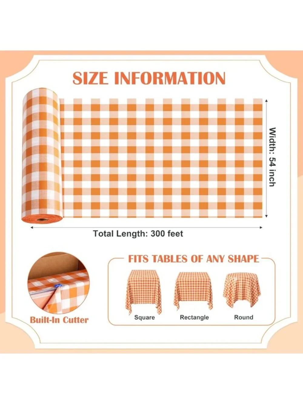 300FT x 54IN Orange & White Checkered Tablecloth Roll with Cutter - Perfect for